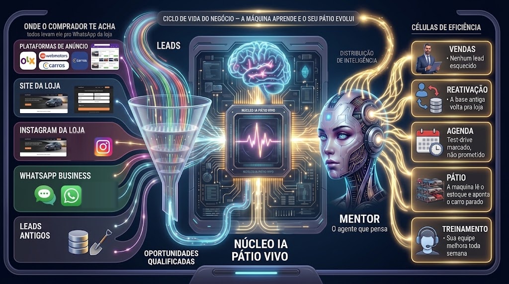 Método Pátio Vivo: de onde o comprador chega, o funil, o núcleo de IA, o Mentor e as células de eficiência